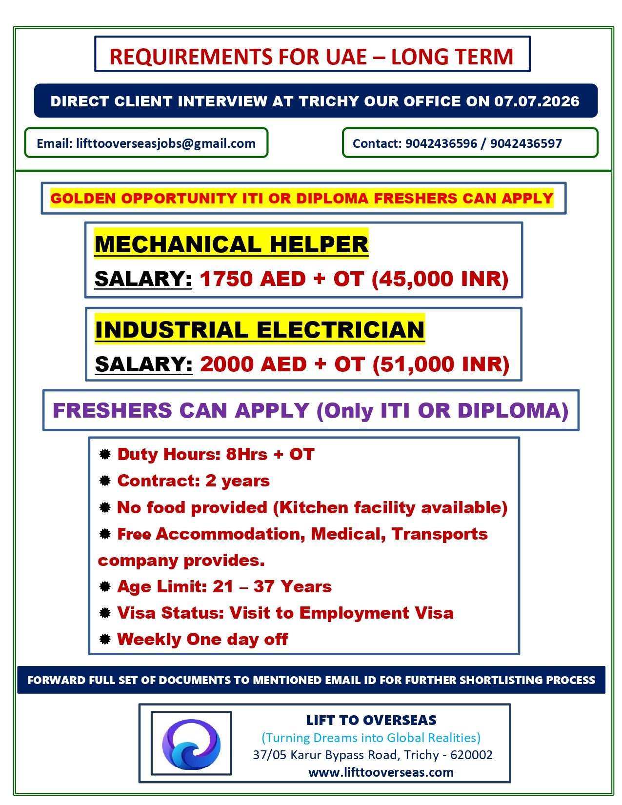 mechanical fitter cums helper & electrician — Lift To Overseas, UAE ABUDHABI, UAE ABUDHABI