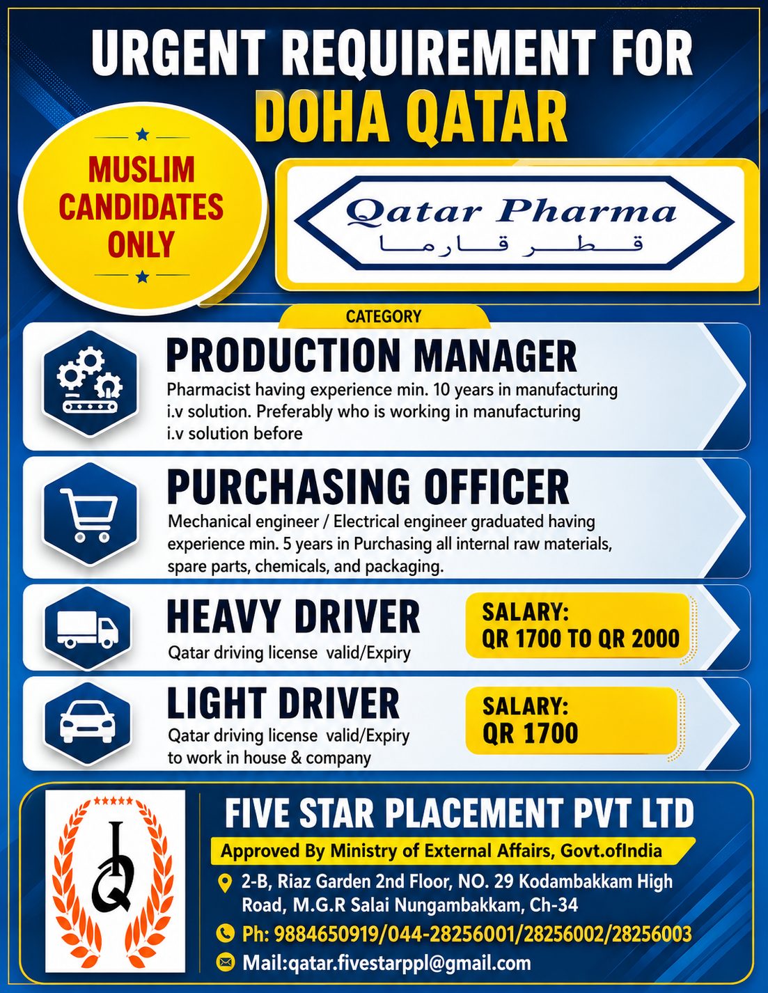 URGENT REQUIREMENT FOR DOHA QATAR - 0NLINE INTERVIEW — Five Star Placement Pvt Ltd, DOHA QATAR, DOHA QATAR