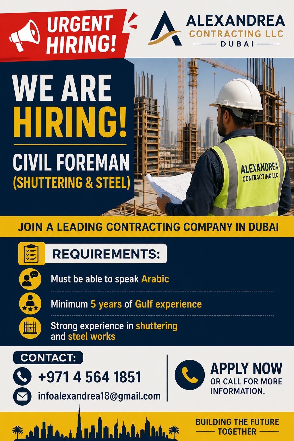 Civil Foreman (Shuttering & Steel) — ALEXANREA CONTRACTING, United Arab Emirates, United Arab Emirates