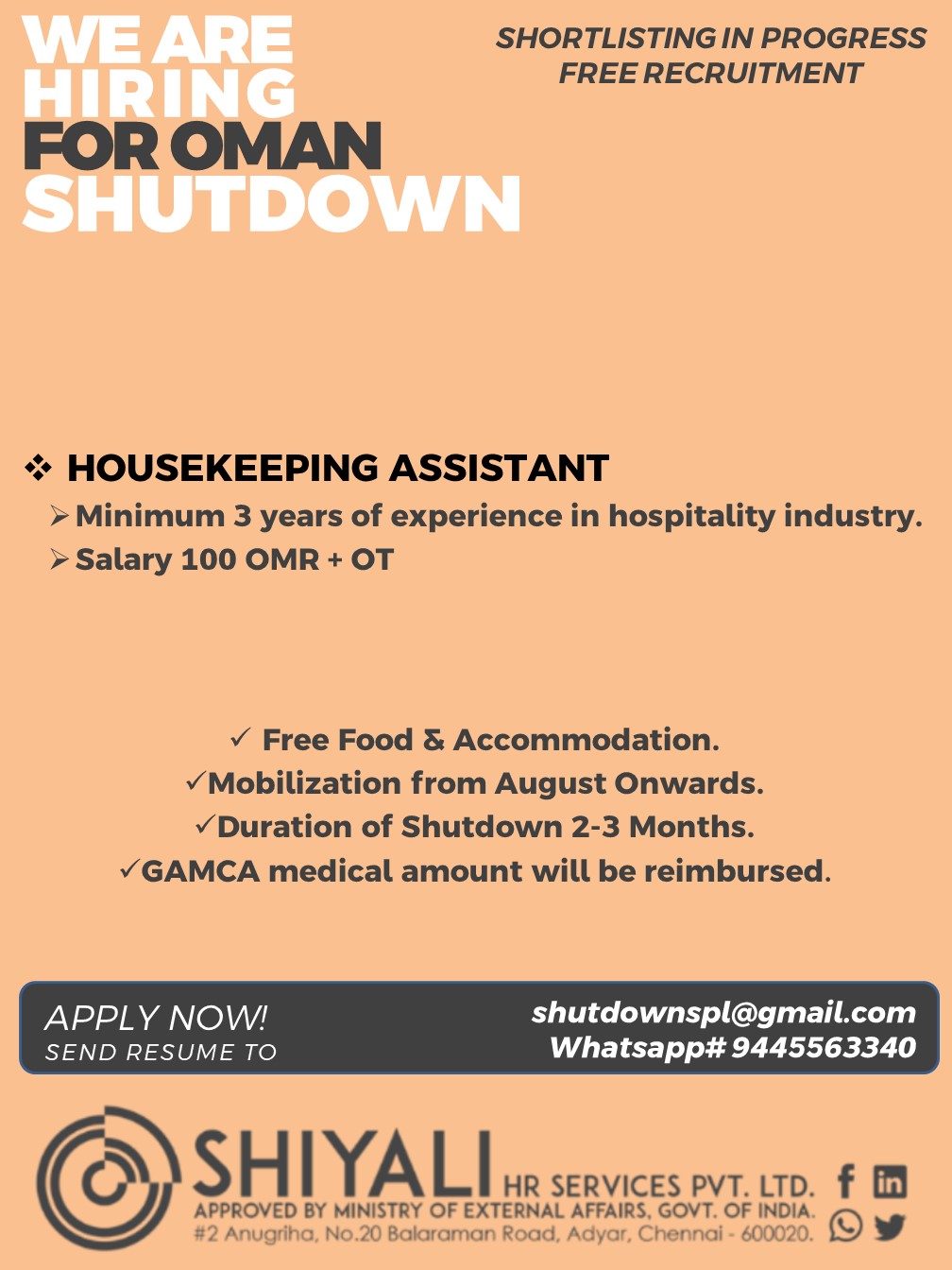 Housekeeping Assistant - Oman Shutdown — SHIYALI HR SERVICES, Oman, Oman