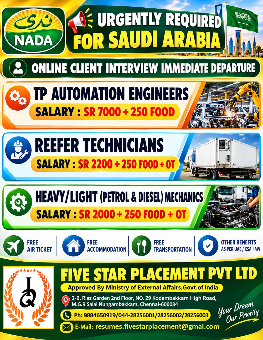 TP AUTOMATION ENGINEERS,REEFER TECHNICIANS,HEAVY/LIGHT (PETROL & DIESEL) MECHANICS, IN SAUDI — Five Star Placement Pvt Ltd, SAUDI ARABIA