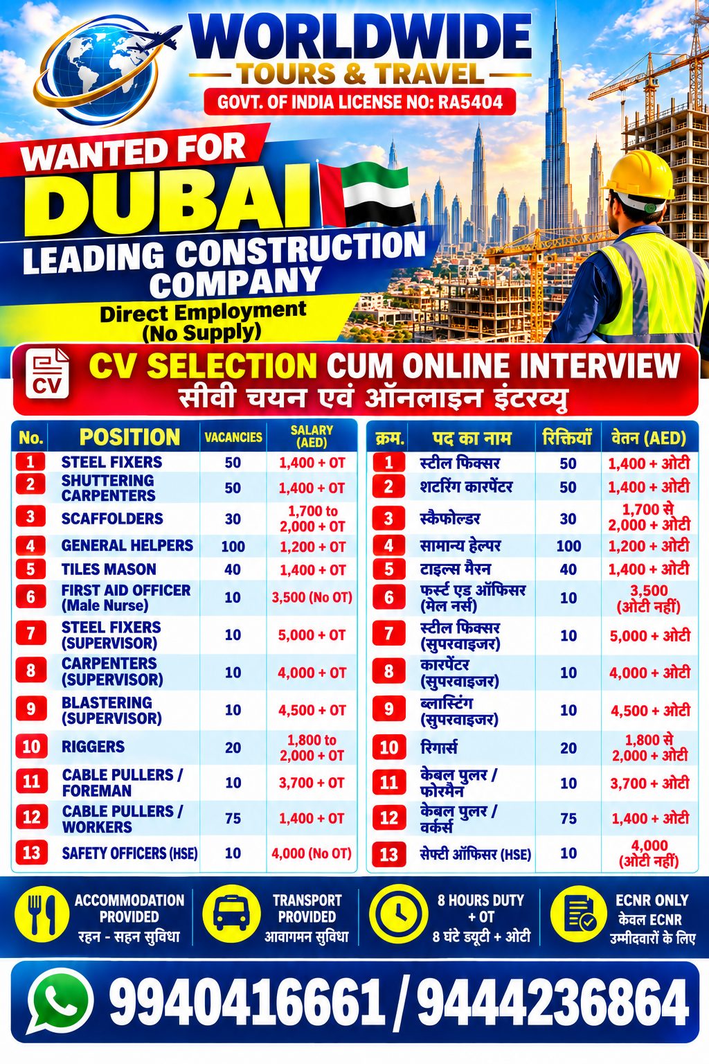 Direct Employment for Leading Construction Company in Dubai