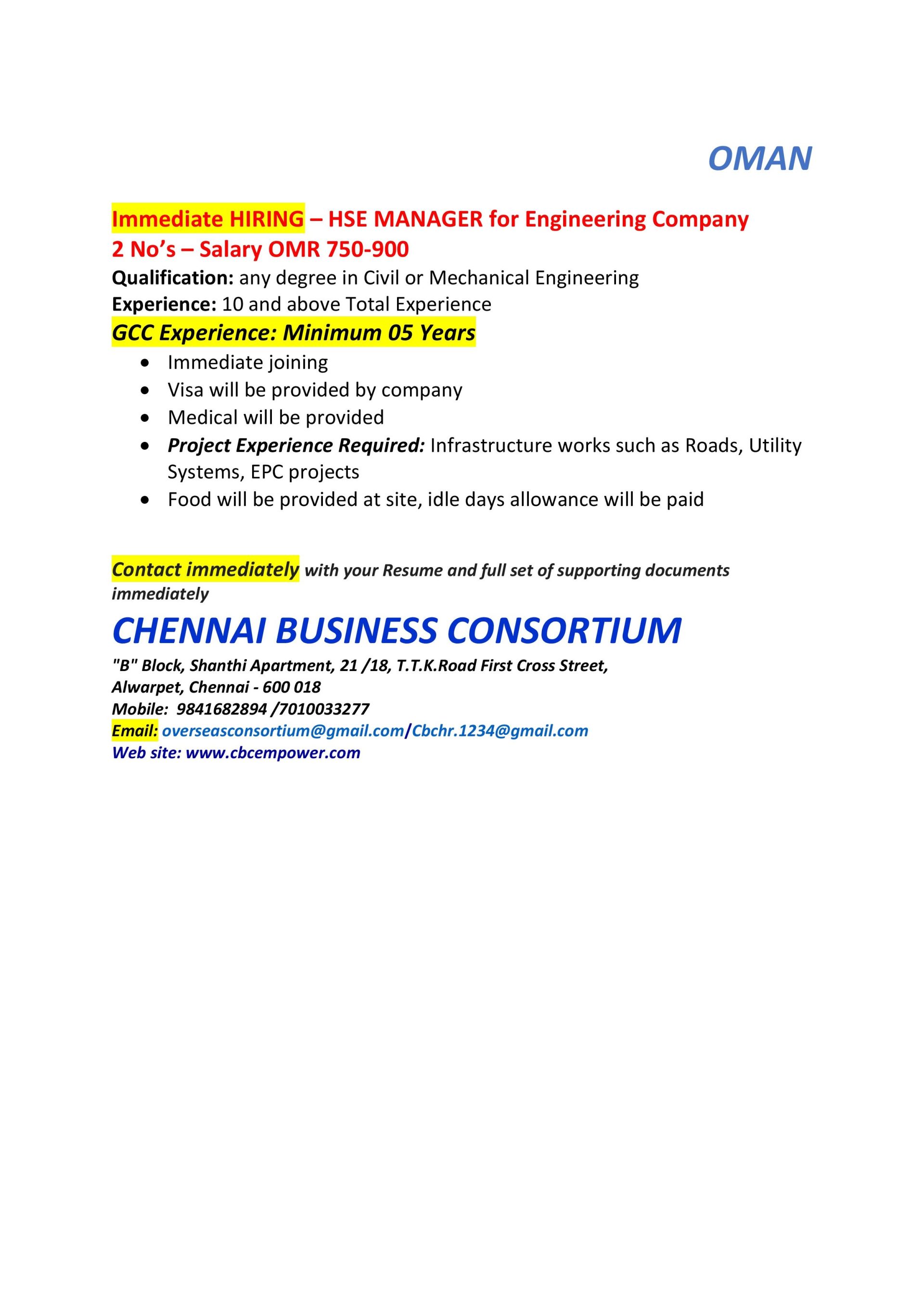 HSE Manager for Oman Engineering Company