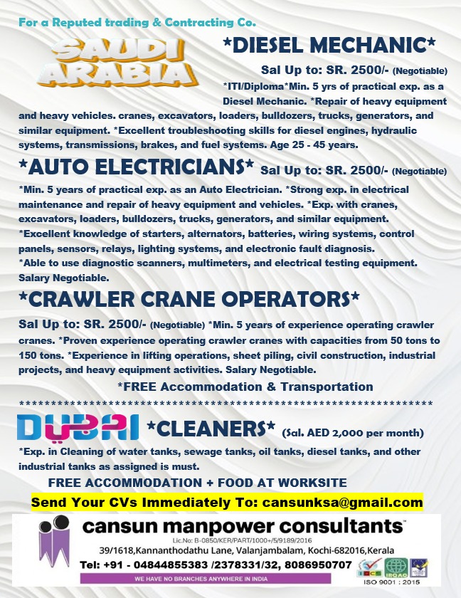 Urgently required for Dubai & KSA — Cansun Manpower Consultants, Saudi Arabia, Saudi Arabia