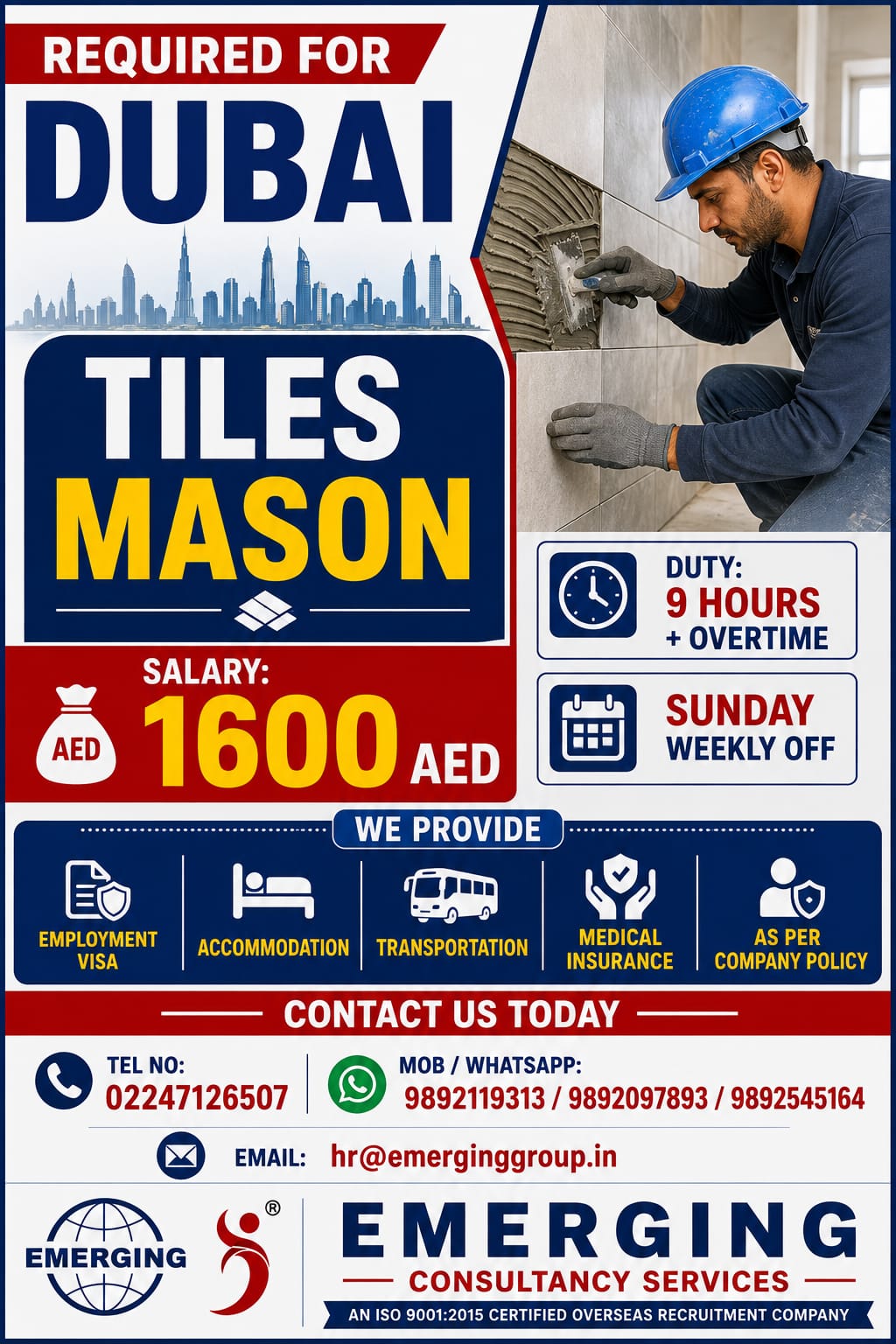 REQUIRED 'TILES MASON' FOR LEADING CONSTRUCTION COMPANY - DUBAI
