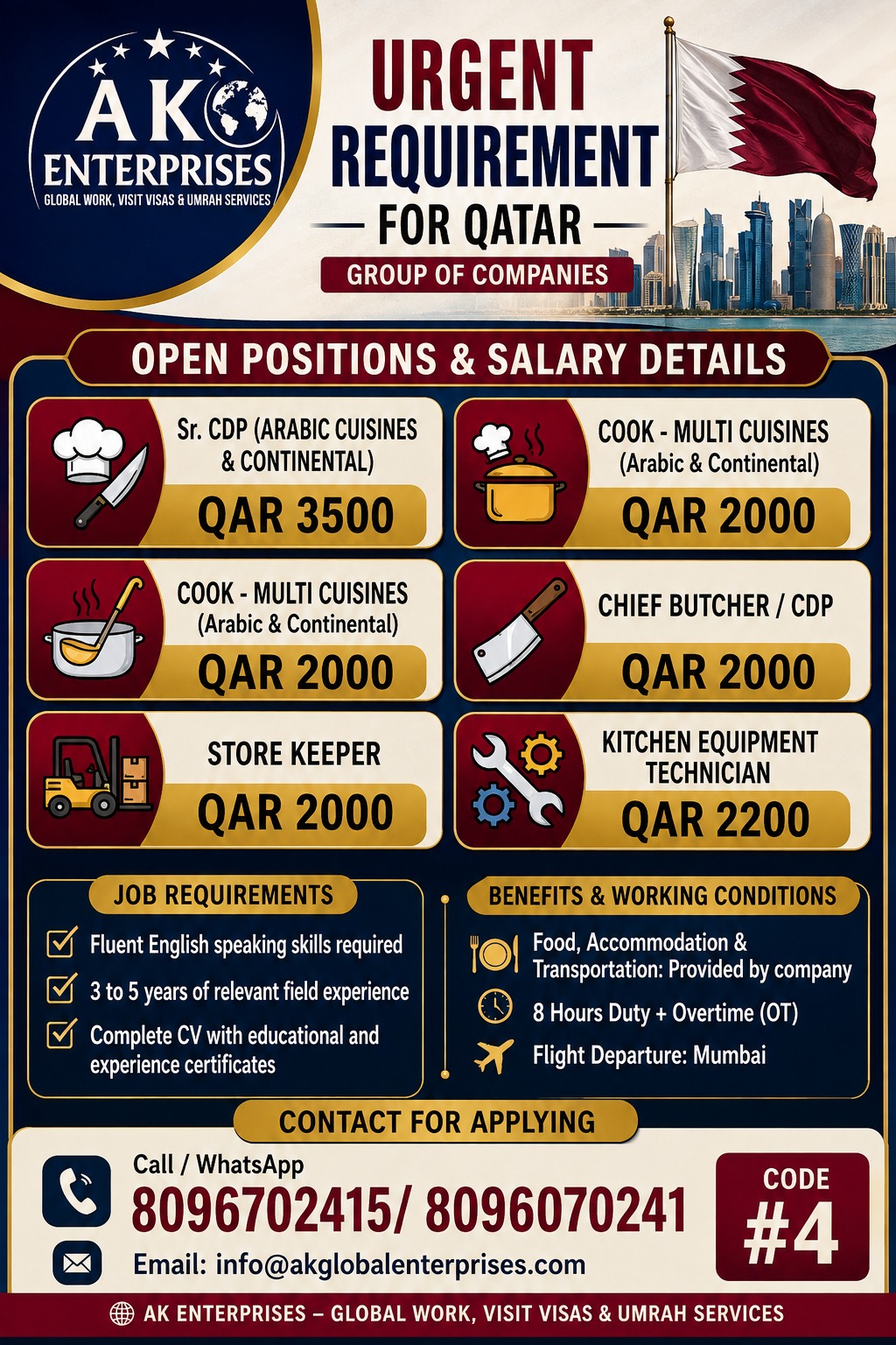 Urgenly Hiring for Qatar-Company: Group of Companies – Must have Restaurant Experience only Muslim Candidate Allowed