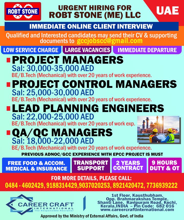 RobtStone (ME) LLC, one of the leading EPC contractors in UAE, conducts an online interview soon – — CAREER CRAFT INTERNATIONAL, UAE, UAE