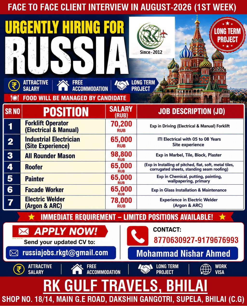 HIRING FOR A LEADING CONTRACTING COMPANY – RUSSIA. — RK GULF TRAVELS,BHILAI, RUSSIA, RUSSIA