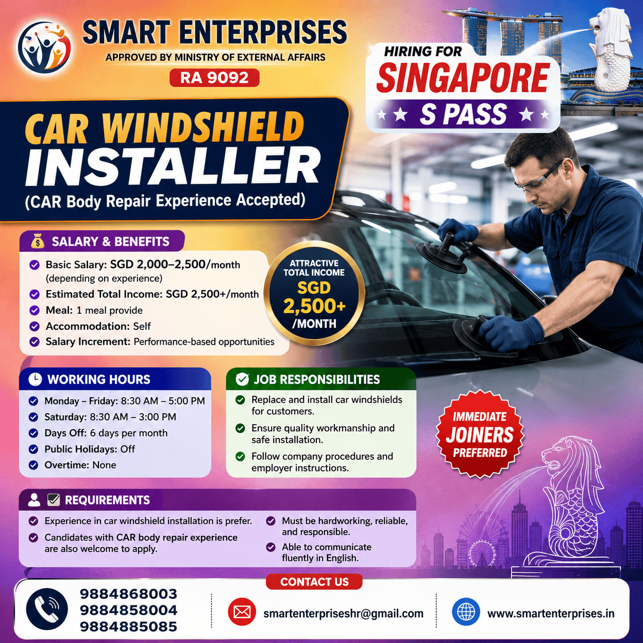 CAR WINDSHIELD INSTALLER — smartenterpriseshr@gmail.com, SINGAPORE, SINGAPORE