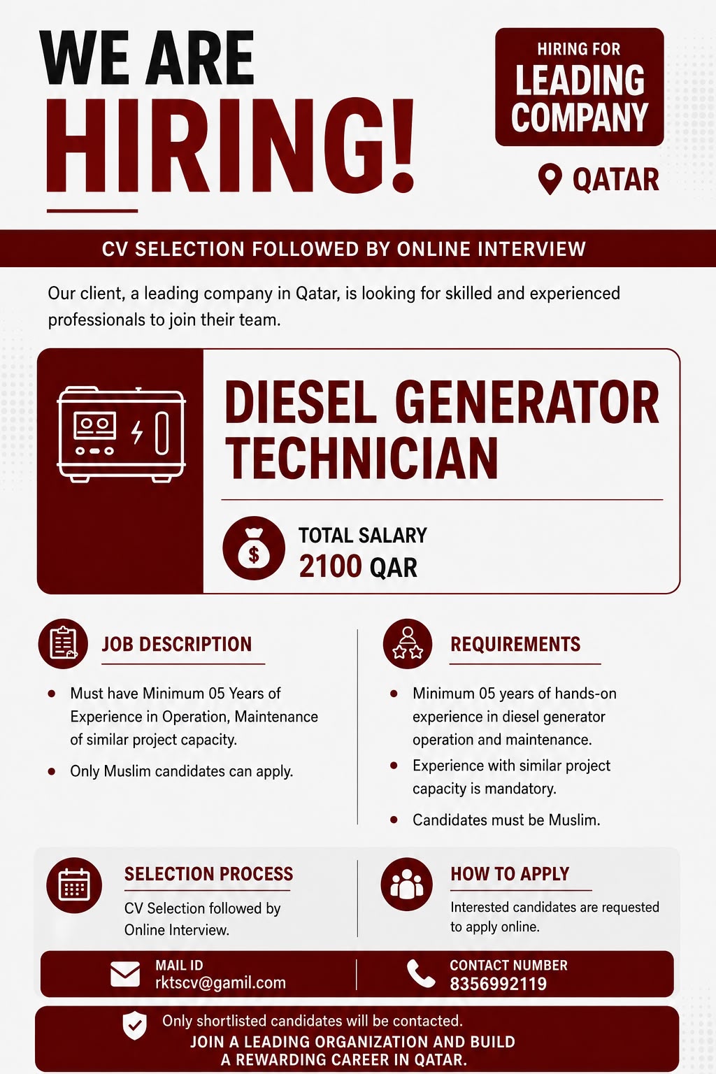 Diesel Generator Technician — RK Travel Services, Qatar