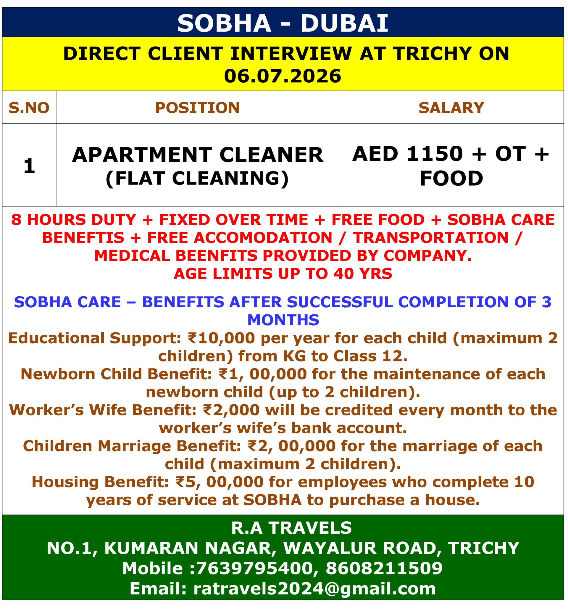 CLEANER — R.A Travels, DUBAI, DUBAI