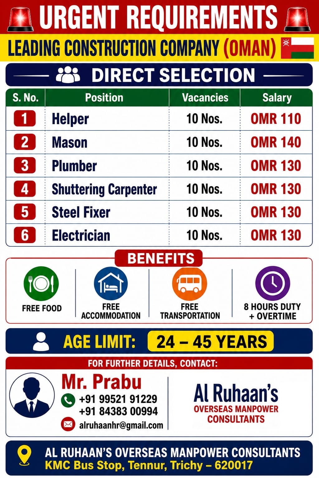 Construction Company - Direct Selection — AL RUHAAN OVERSEAS MANPOWER CONSULTANTS, Oman