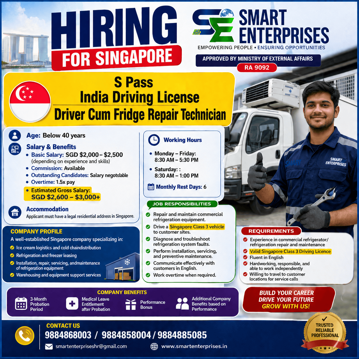India Driving License Driver Cum Fridge Repair Technician — smartenterpriseshr@gmail.com, SINGAPORE, SINGAPORE