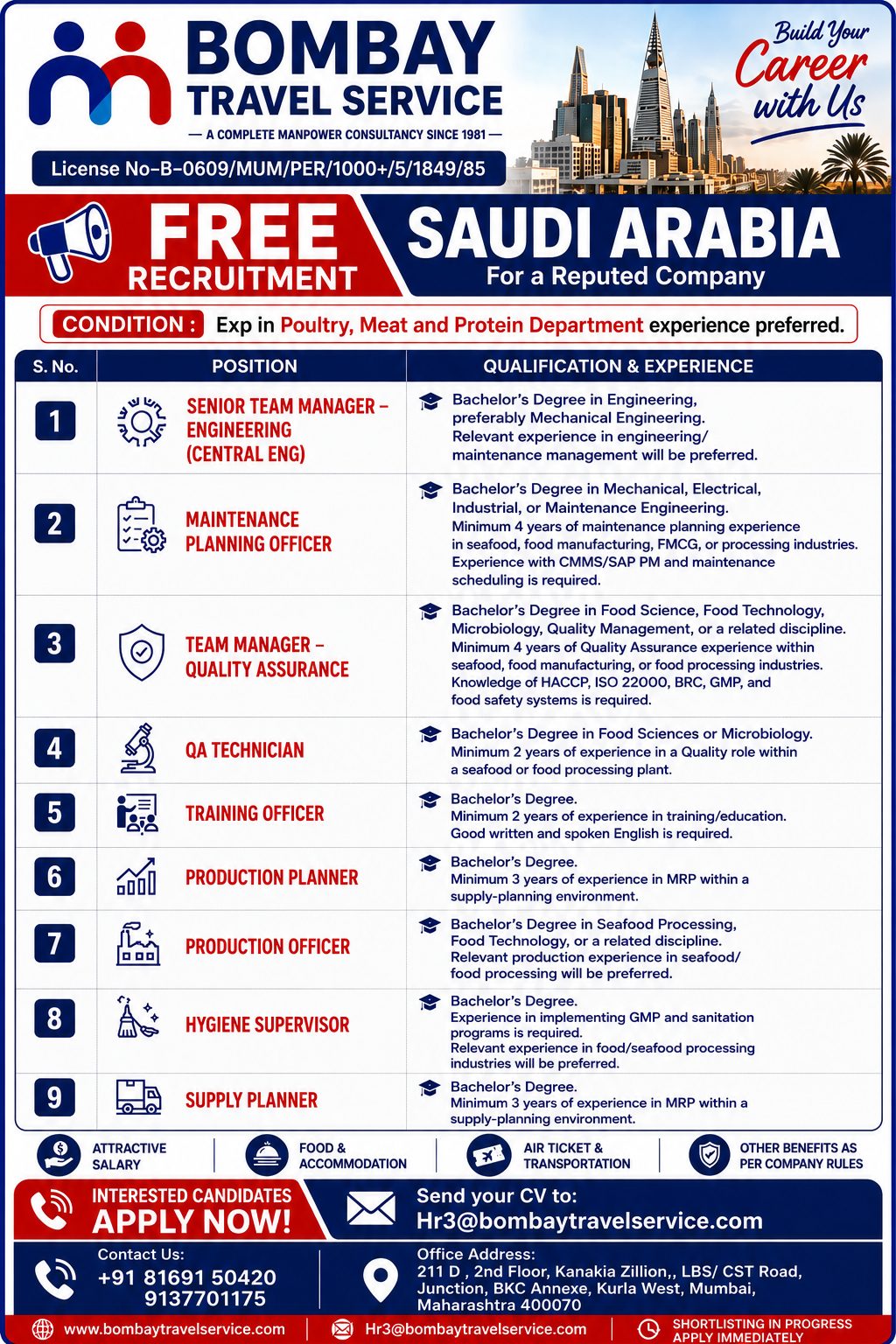 We are urgently required for ksa reputed co. — BOMBAY TRAVEL SERVICE, Saudi arabia, Saudi arabia