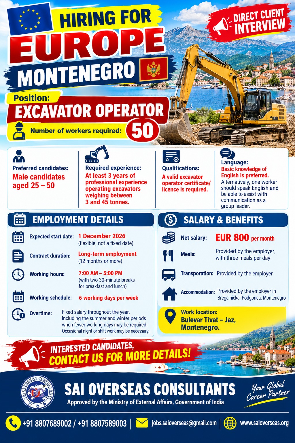 🇪🇺 URGENT RECRUITMENT FOR MONTENEGRO, EUROPE — Sai Overseas Consultants, Montenegro