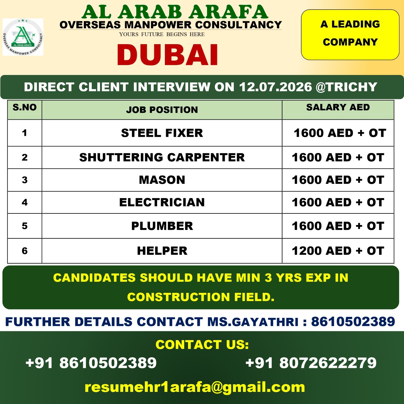 DIRECT CLIENT INTERVIEW ON 12.06.2026 @ TRICHY — Al Arab Arafa Consultancy Pvt LTD, UAE, UAE