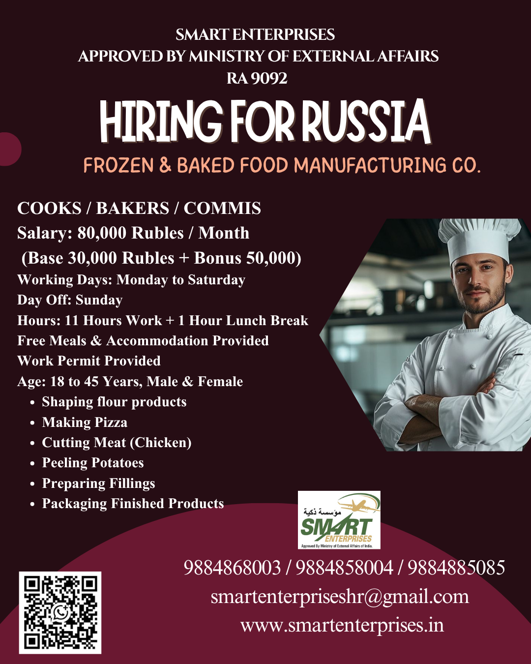 COOKS / BAKERS / COMMIS — smartenterpriseshr@gmail.com, QATAR, QATAR