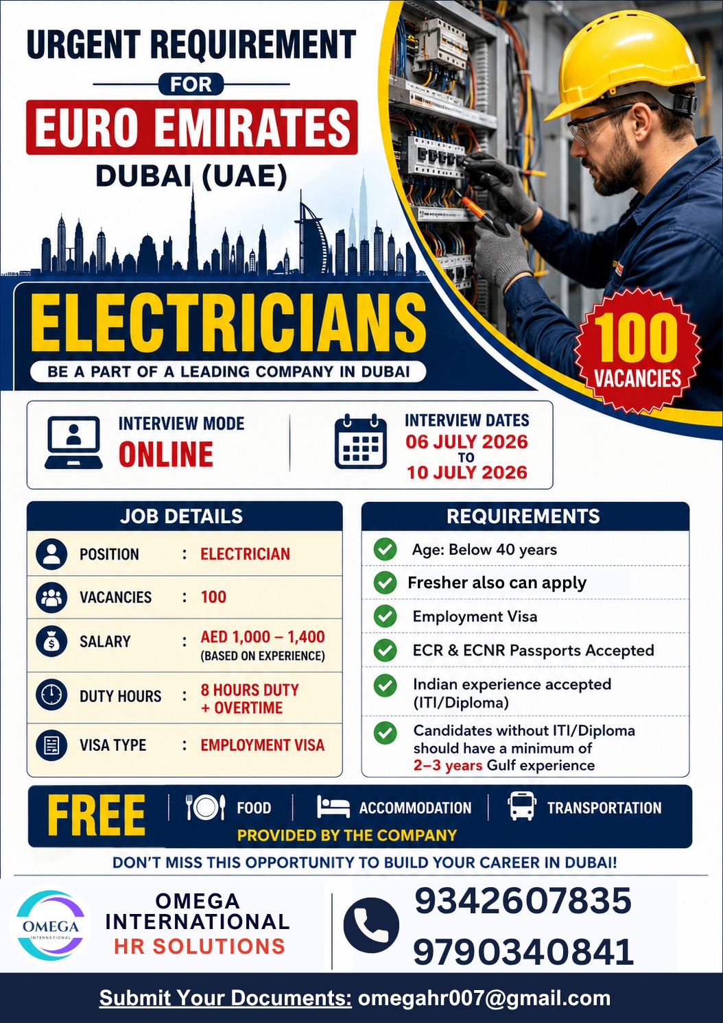 Electrician — OMEGA INTERNATIONAL HR SOLUTIONS, United Arab Emirates, United Arab Emirates