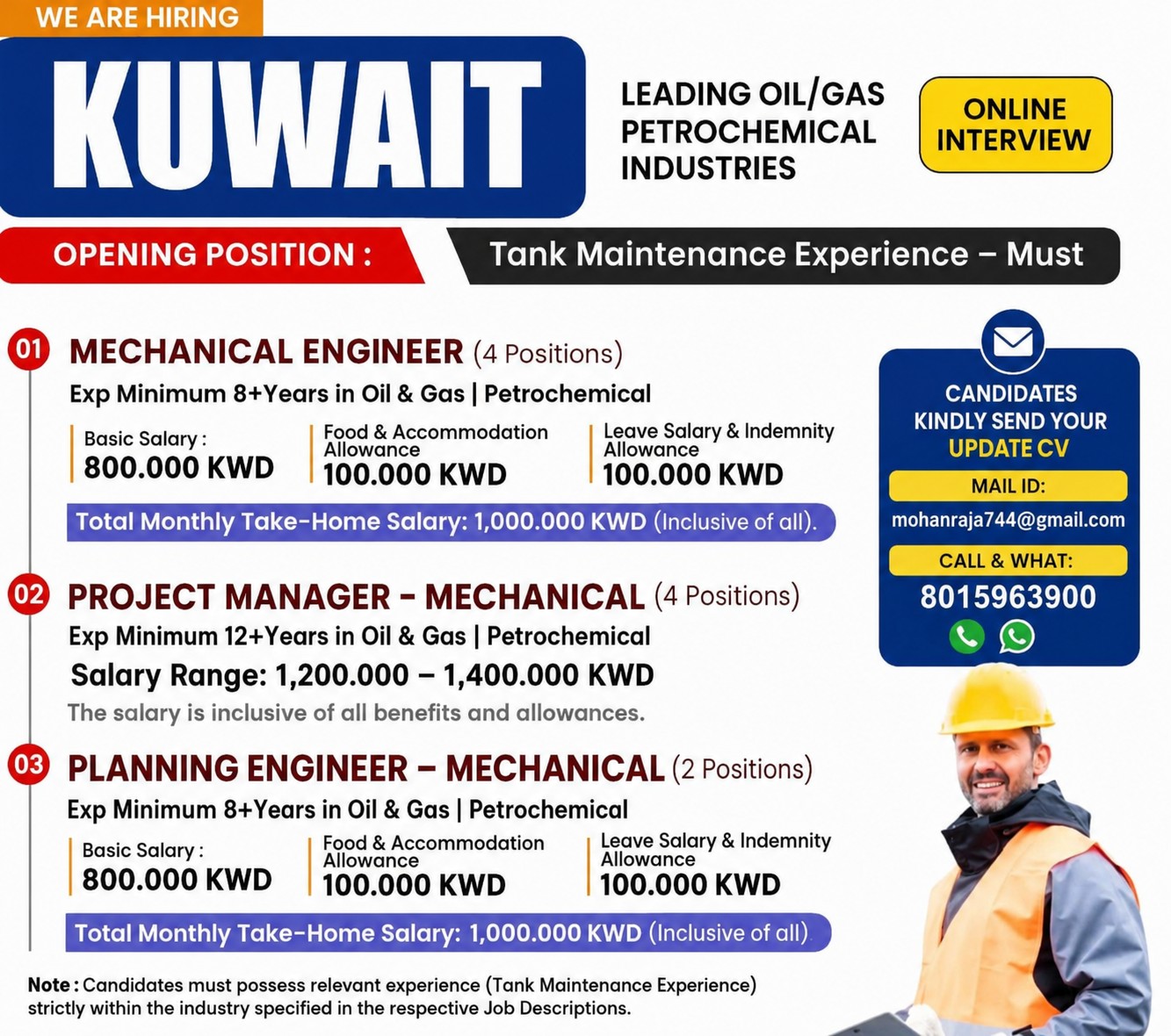 We Are Hiring - Kuwait Oil/Gas Petrochemical Industries — JUPITER CONSULTANCY, Kuwait, Kuwait