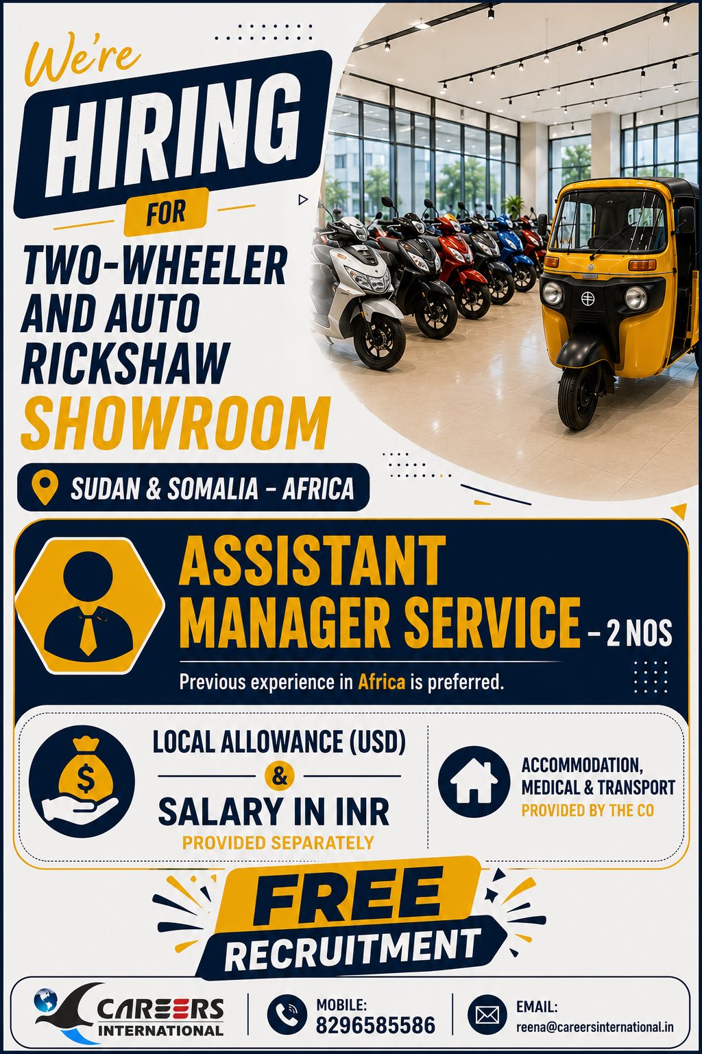 Two-Wheeler and Auto Rickshaw Showroom Staff — Careers International, Sudan & Somalia, Sudan & Somalia