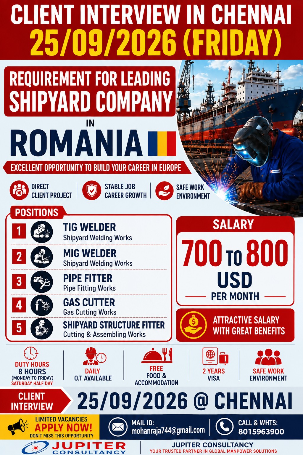 Shipyard Positions - Multiple Roles — JUPITER CONSULTANCY, Romania