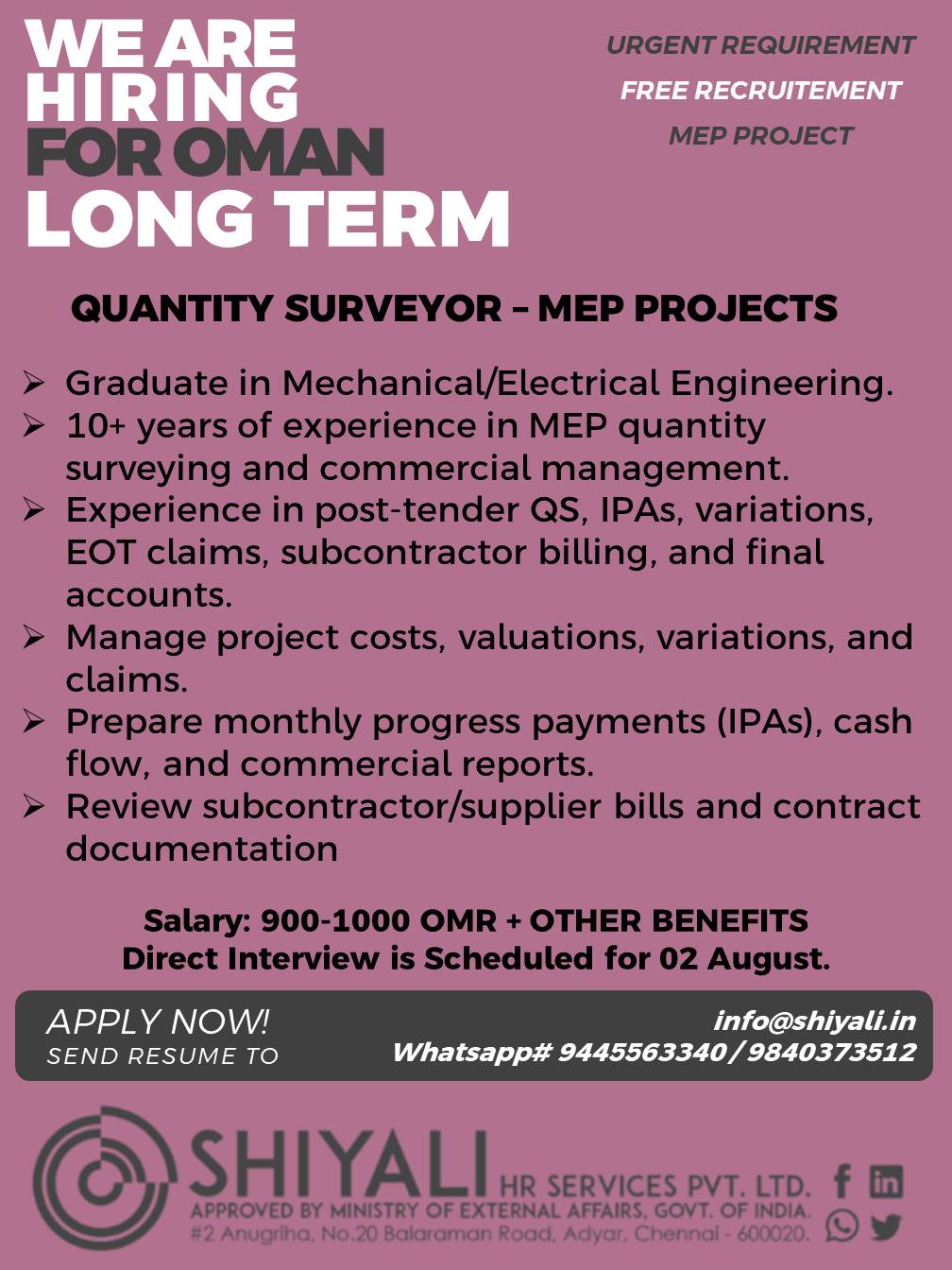 Quantity Surveyor - MEP Projects — SHIYALI HR SERVICES, Oman