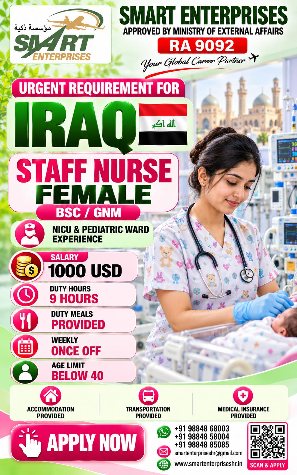 FEMALE NURSES REQUIRES FOR IRAQ — smartenterpriseshr@gmail.com, IRAQ