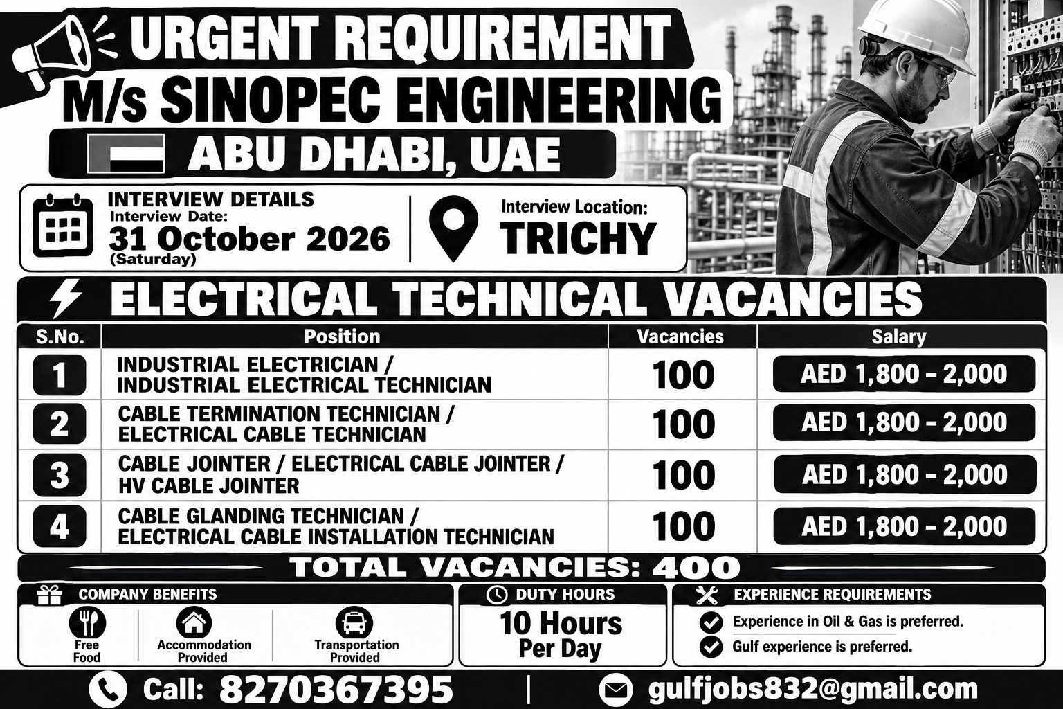 Electrical Technical Vacancies - M/s SINOPEC Engineering