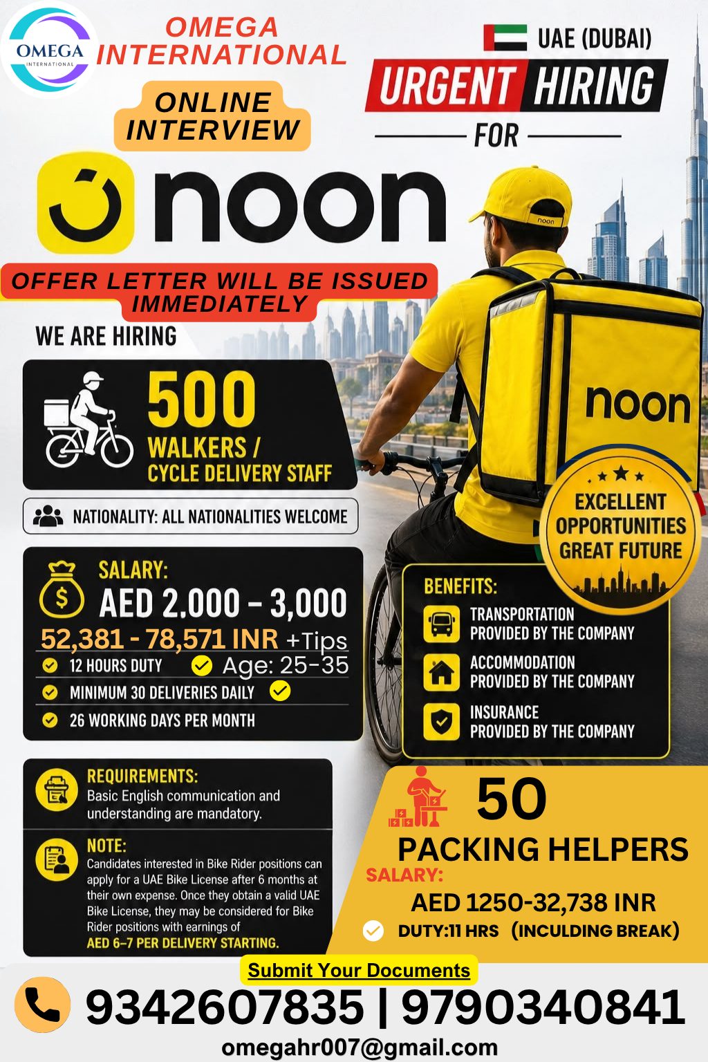 URGENT HIRING FOR NOON CYCLE DELIVERY STAFF AND PACKING HELPER