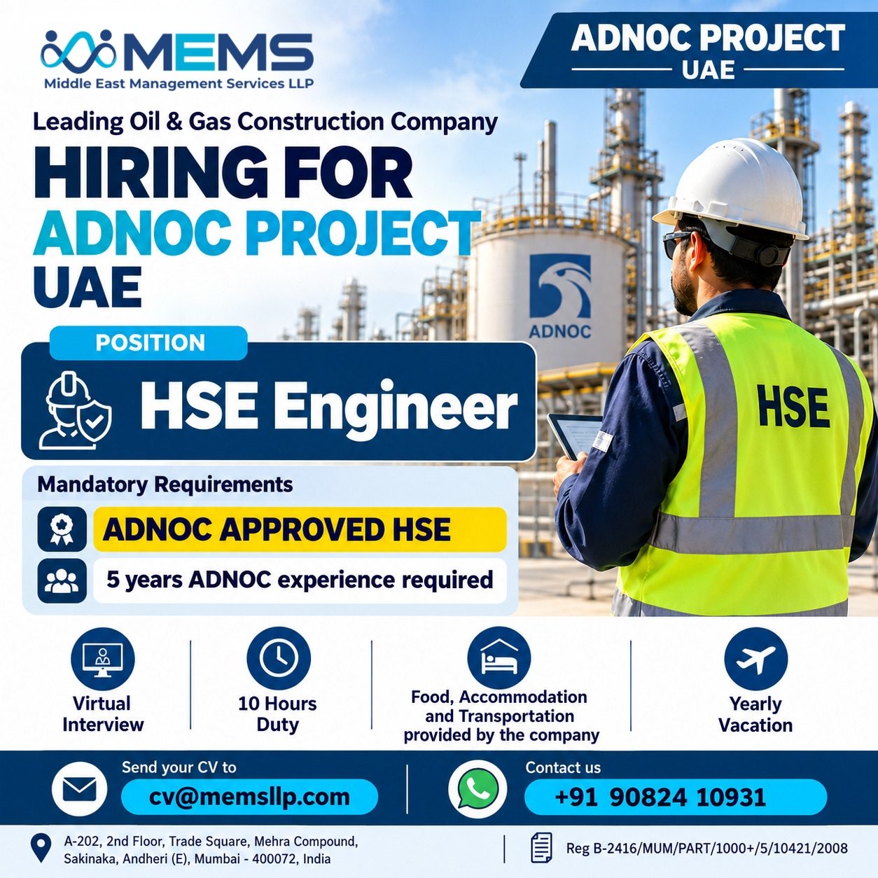 🚨 URGENT HIRING – HSE ENGINEER ADNOC PROJECT, UAE