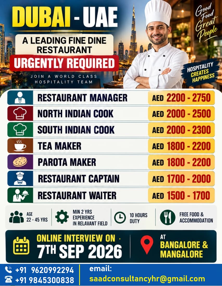 Hiring fo rFine Dine restaurant — SAAD CONSULTANCY, UAE