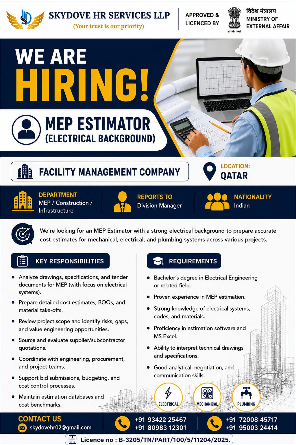 MEP Estimator — SKY DOVE HR SERVICES LLP, Qatar, Qatar
