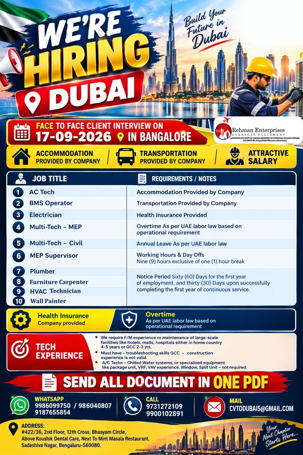 Multiple Technical Positions in Dubai — Rehman Enterprises, UAE