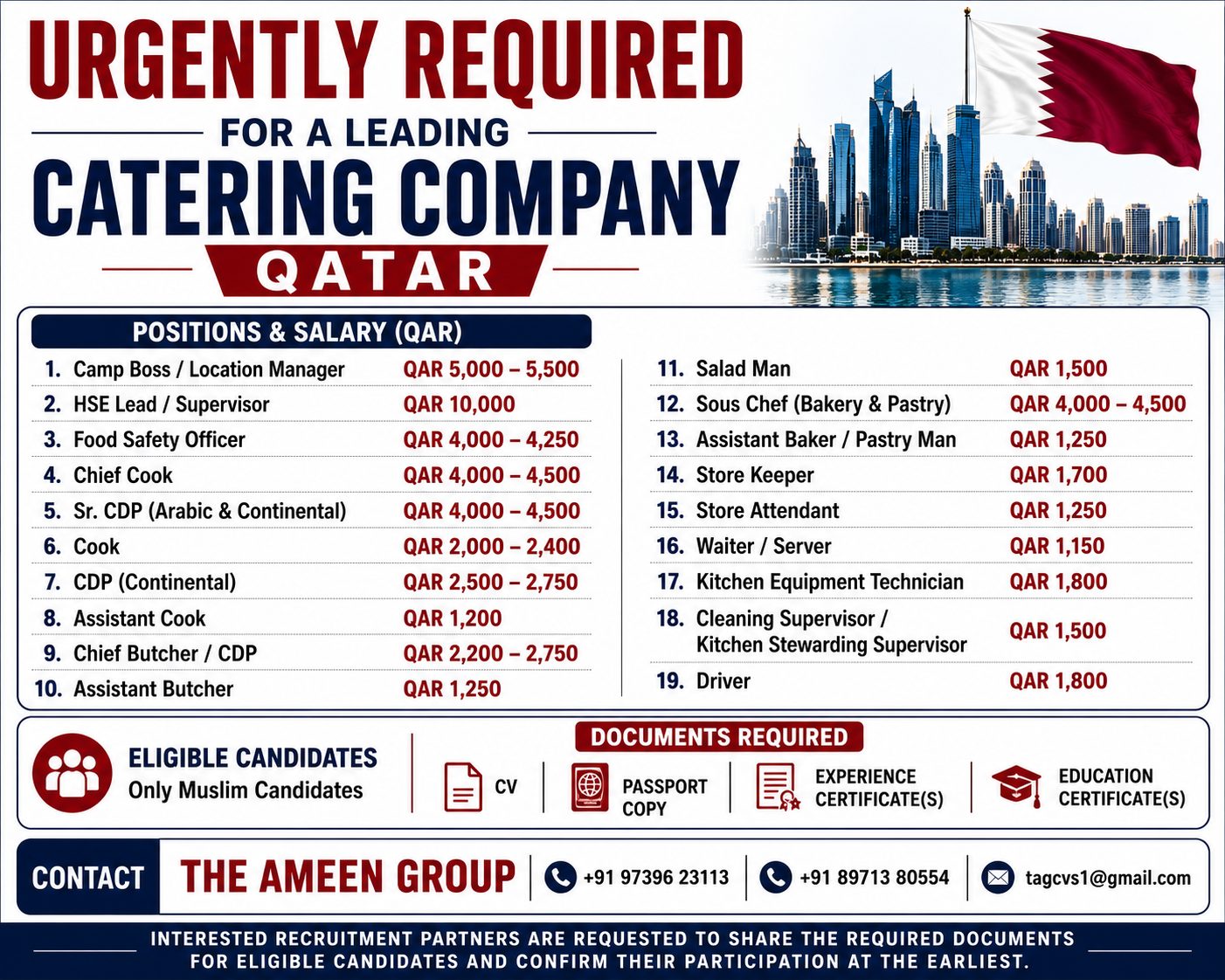 Urgently Required – Leading Catering Company – Qatar — The Ameen Group, Qatar