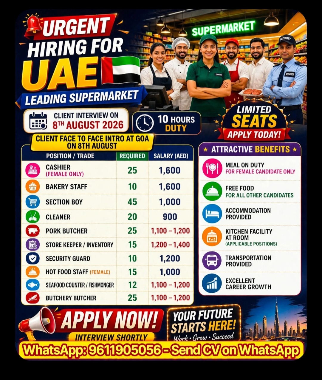 Urgent Hiring for UAE Leading Supermarket Co Dubai/ Client interview at Goa on 08/08/26