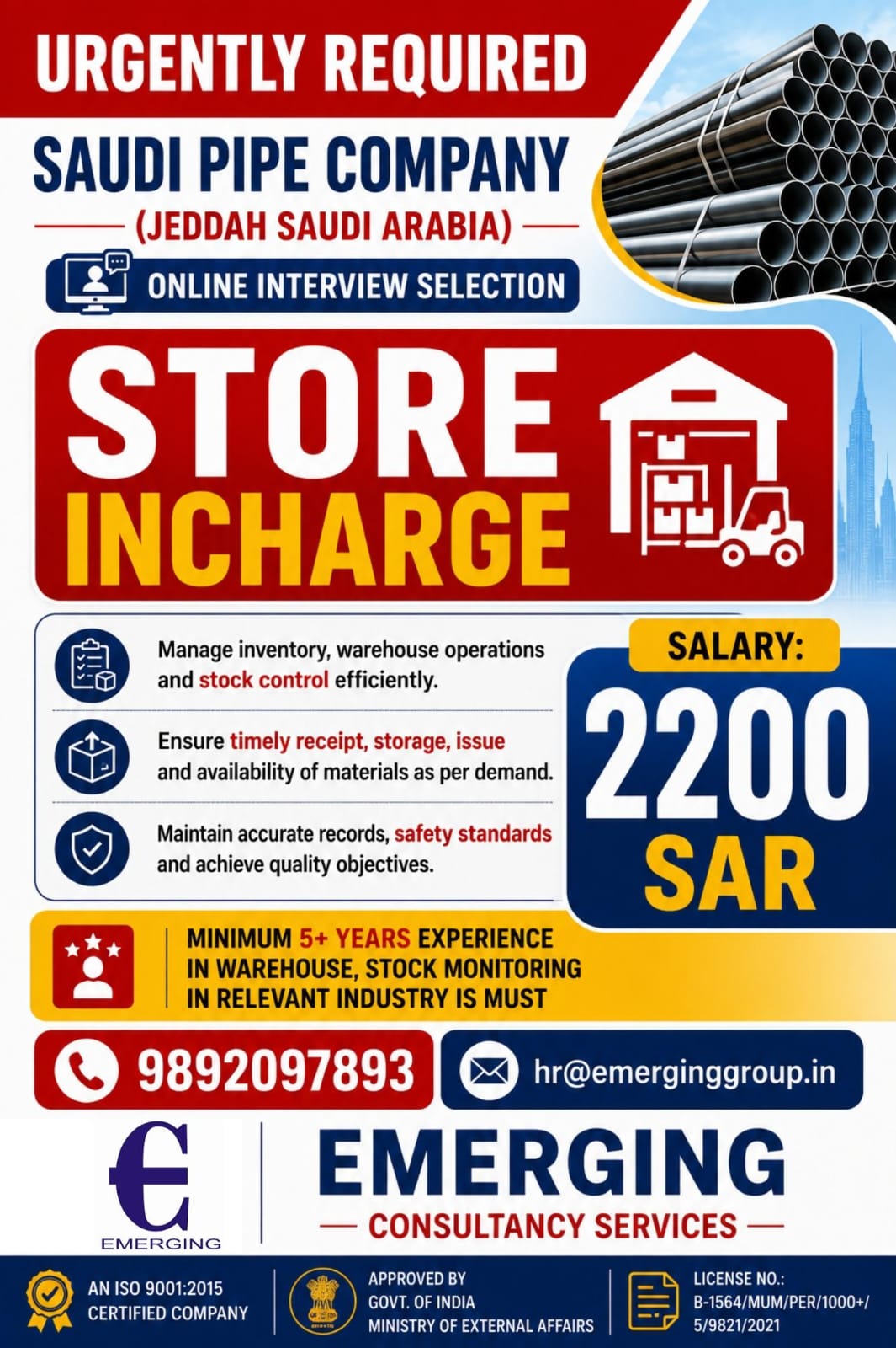 URGENTLY REQUIRED FOR SAUDI ARABIA STORE INCHARGE