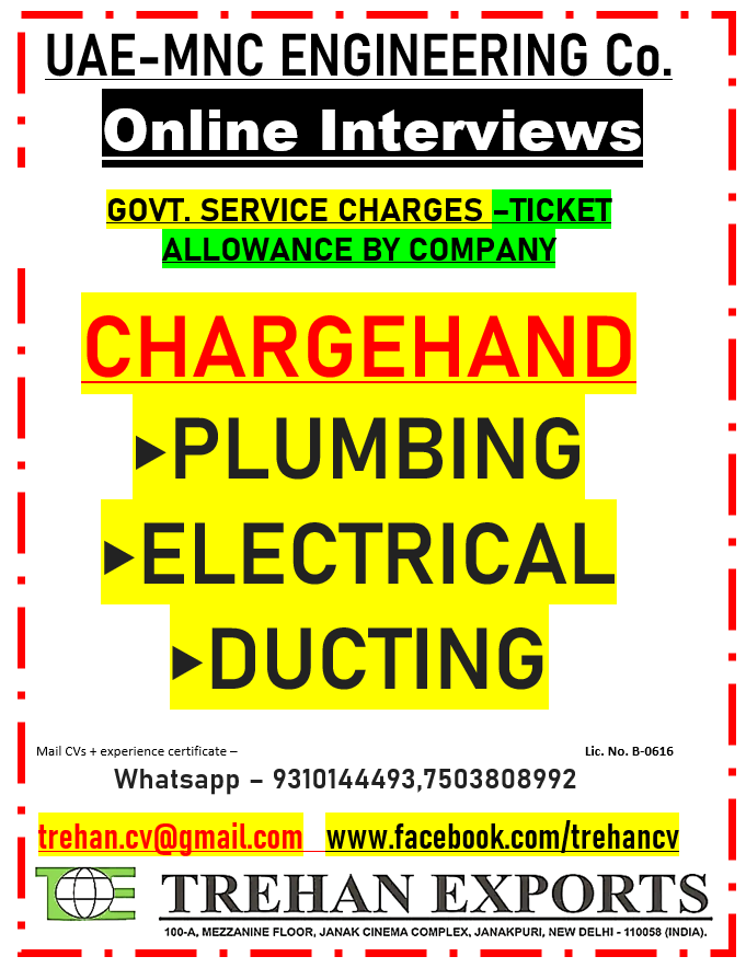 Chargehand Plumbing, Electrical, Ducting — M / s Trehan Exports, UAE, UAE