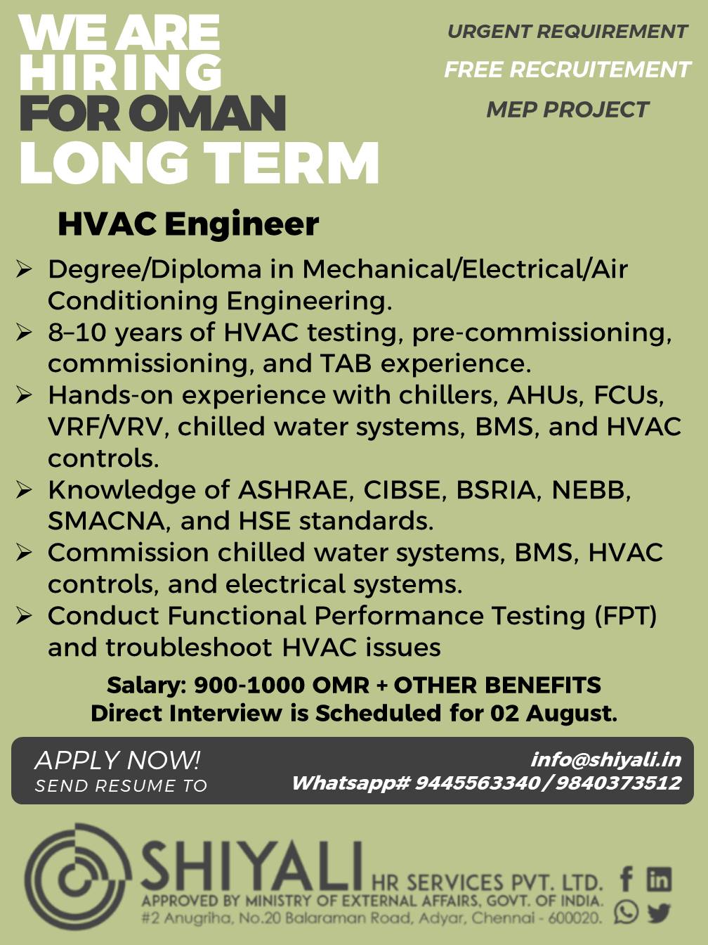 HVAC Engineer — SHIYALI HR SERVICES, Oman, Oman