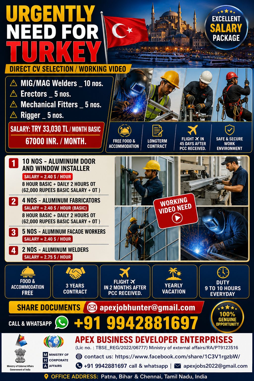 Urgent Recruitment for Turkey - Multiple Skilled Positions