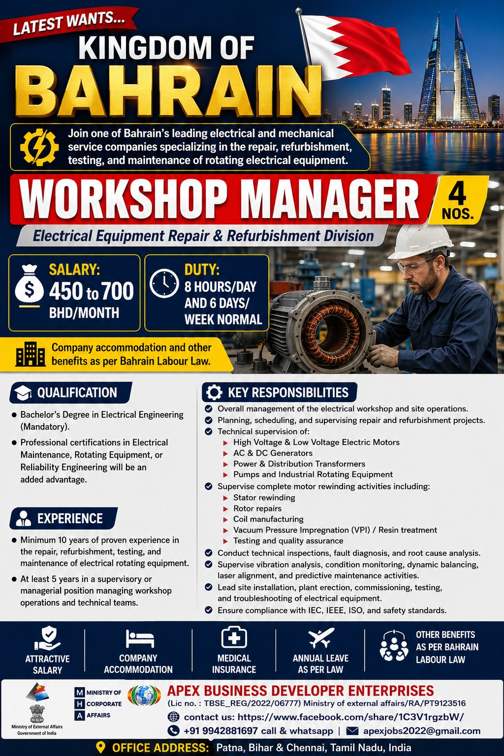 Workshop Manager — Apex Business Developer Enterp, Bahrain, Bahrain