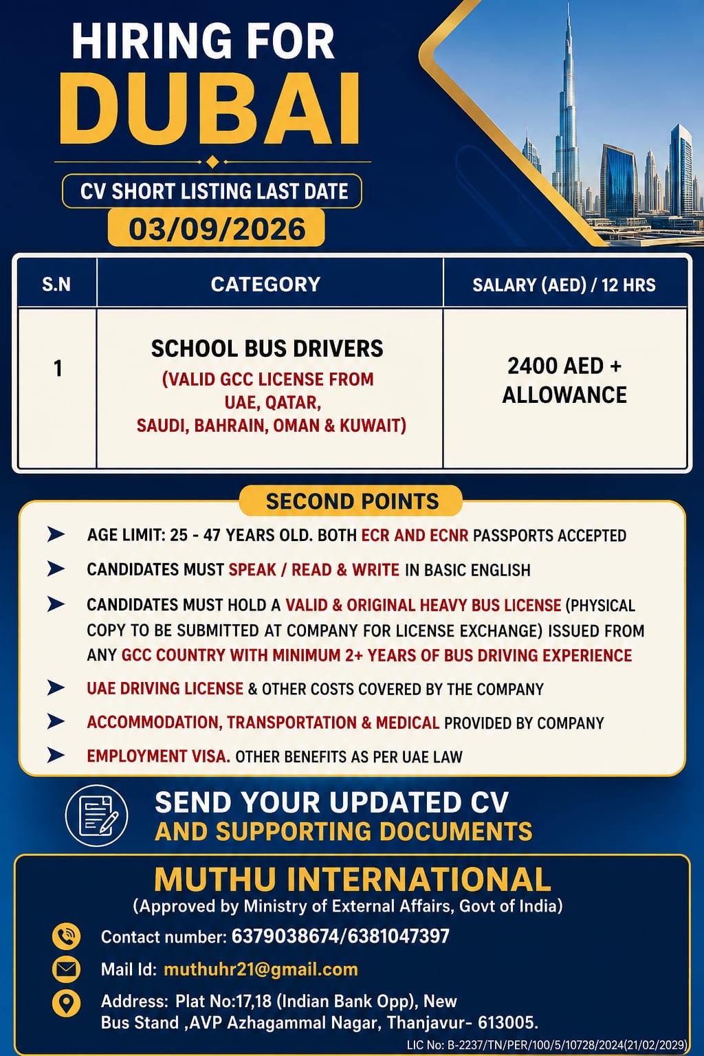 School Bus Drivers — MUTHU INTERNATIONAL, UAE