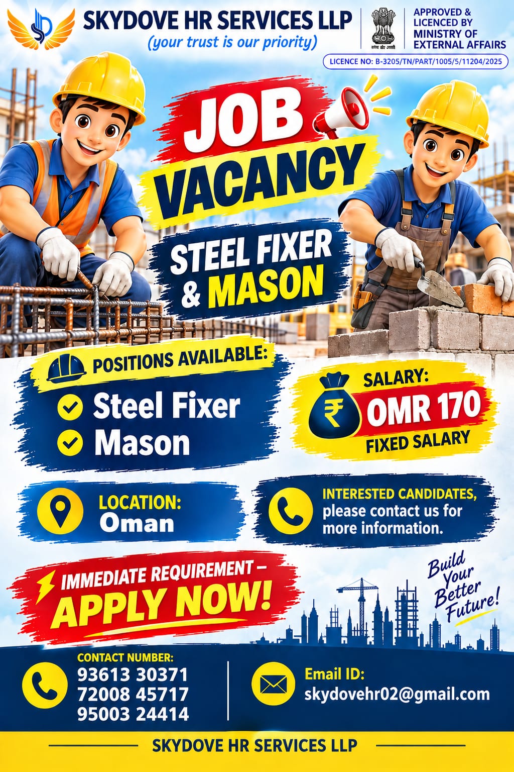 Steel Fixer and Mason — SKY DOVE HR SERVICES LLP, contact