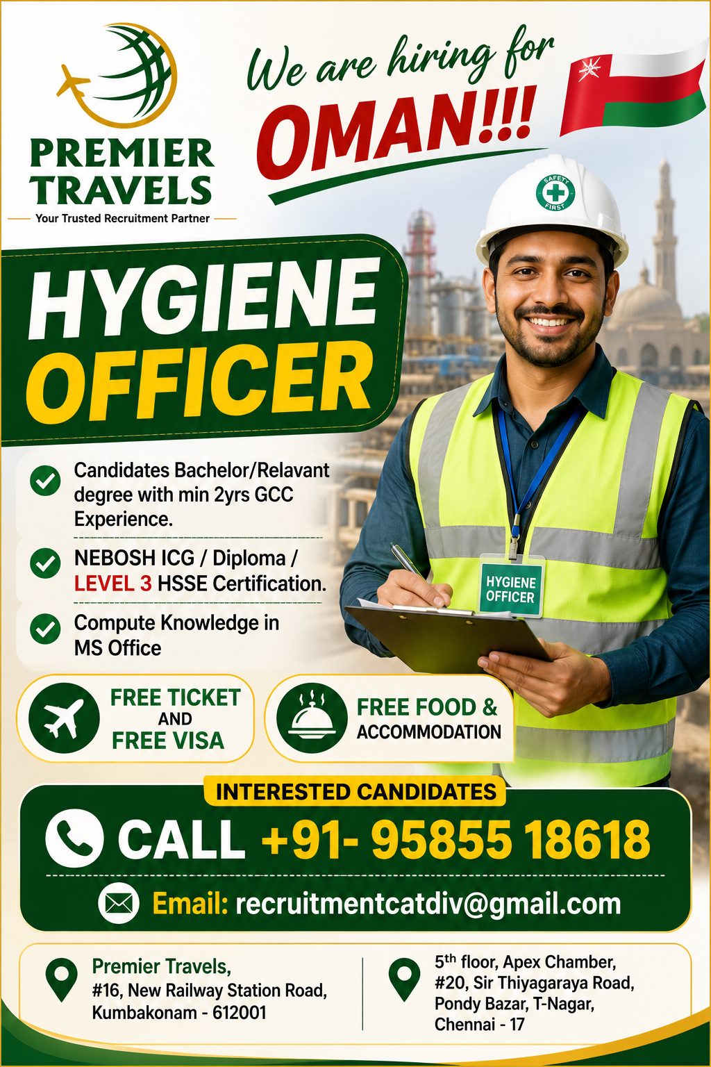 We are Hiring for Oman Hygiene Officer with Nebosh