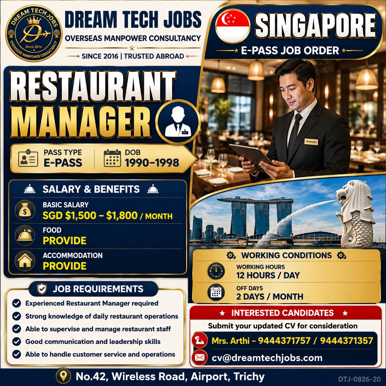 Restaurant Manager — DREAM TECH JOBS -TRICHY, Singapore, Singapore
