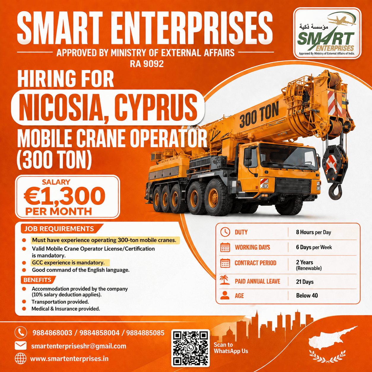 Mobile Crane Operator (300 Ton) — smartenterpriseshr@gmail.com, NICOSIA, CYPRUS, NICOSIA, CYPRUS