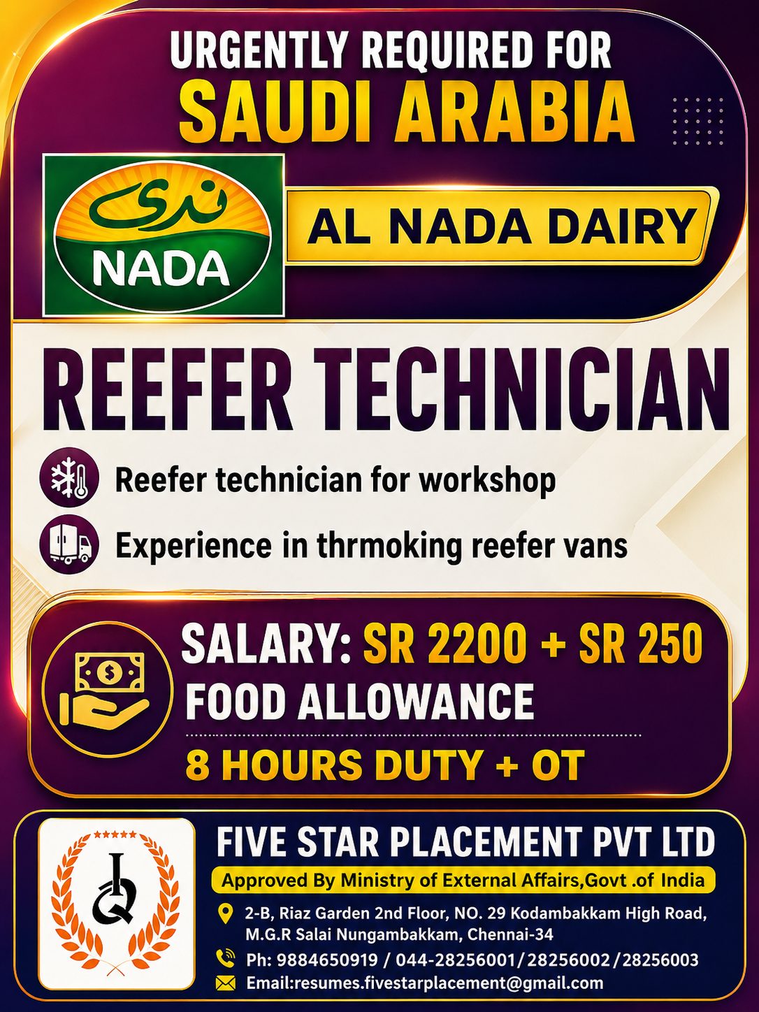 URGENTLY REQUIRED FOR SAUDI ARABIA - AL NADA DAIRY