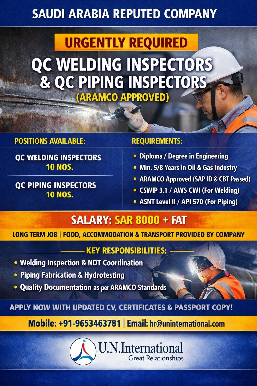 QC Welding Inspectors & QC Piping Inspectors — U N International, Saudi Arabia, Saudi Arabia