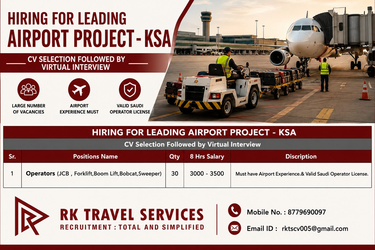 Operators  (JCB , Forklift,Boom Lift,Bobcat,Sweeper) — RK Travel Services, Saudi Arabia, Saudi Arabia