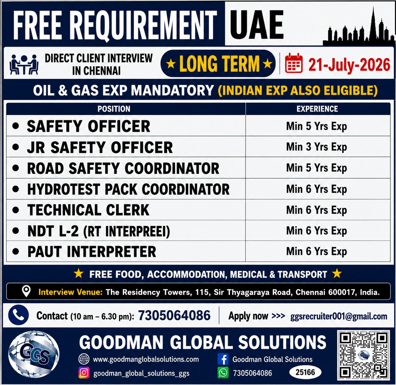 FREE REQUIREMENT FOR SAFETY OFFICER — GOODMAN GLOBAL SOLUTIONS, UAE, UAE