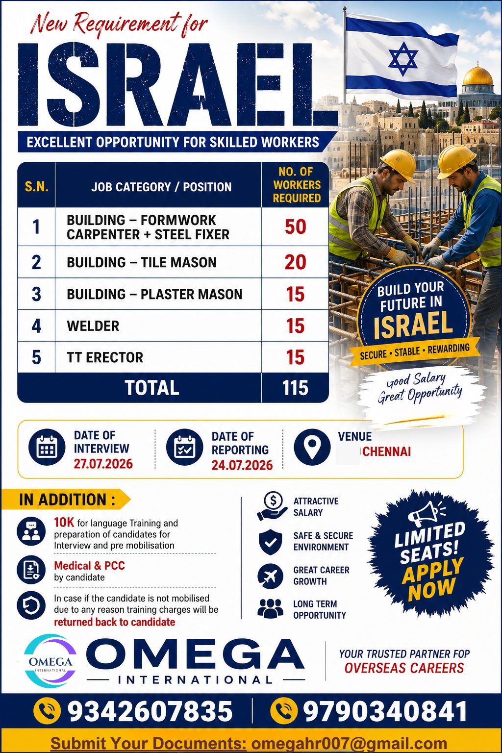 WANTED FOR CONSTRUCTION WORKER — OMEGA INTERNATIONAL HR SOLUTIONS, ISRAEL, ISRAEL